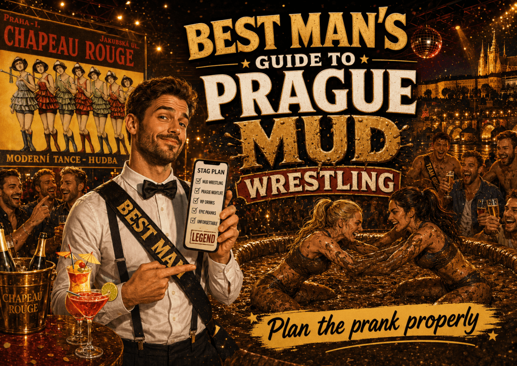 Best man planning Prague Mud Wrestling stag prank with checklist, mud wrestling scene, cheering stag group, Chapeau Rouge poster, cocktails, and Prague nightlife background.