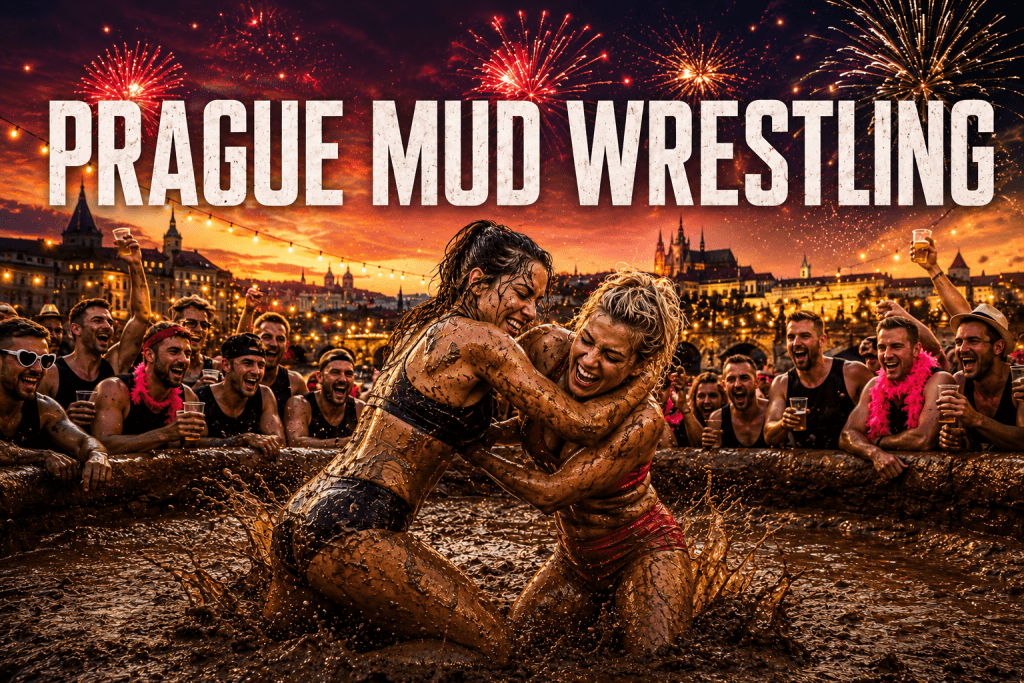 Prague Mud Wrestling stag prank in Prague with two women wrestling in mud, cheering stag party crowd, fireworks, and Prague nightlife skyline.