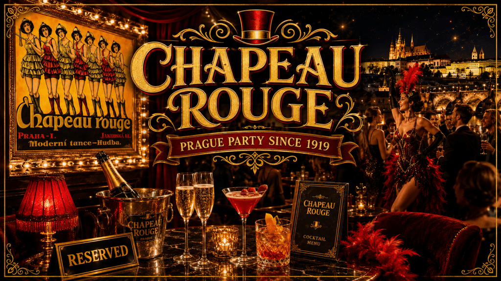 Chapeau Rouge Prague party since 1919 with vintage cabaret poster, reserved table, cocktails, champagne and elegant Old Town nightlife atmosphere.