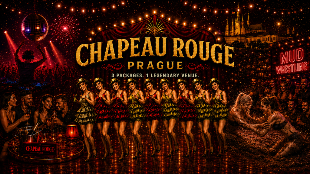 Chapeau Rouge Prague nightlife header with cabaret dancers, table and drinks, mud wrestling, VIP party atmosphere and stag weekend packages