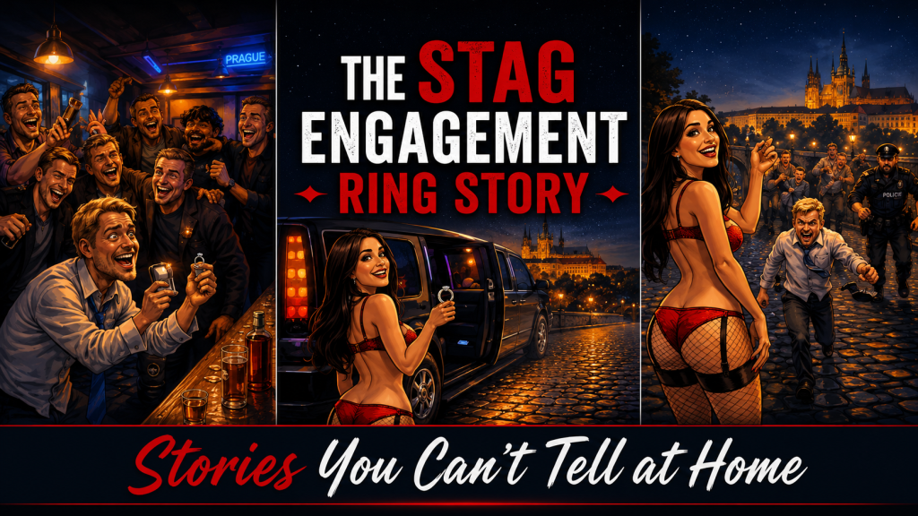 Cartoon-style Prague stag party engagement ring story header with nightlife, limousine, Prague Castle and bachelor party chaos theme