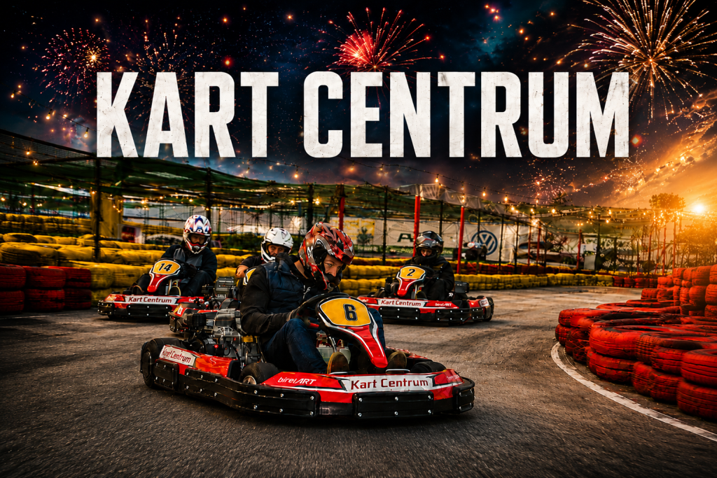 Kart Centrum Prague go-karting header with racing karts, fireworks and high-speed stag party atmosphere