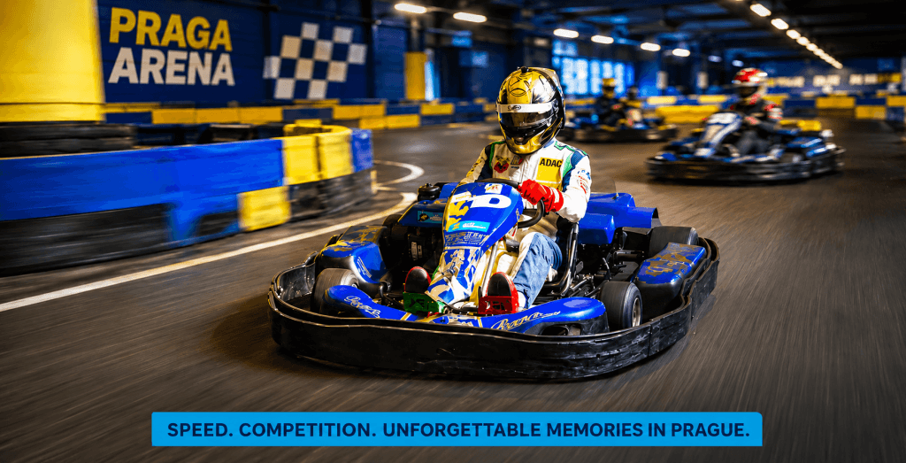 Alt Text: Praga Arena go-karting in Prague with indoor track, private races, stag groups and adrenaline racing experience