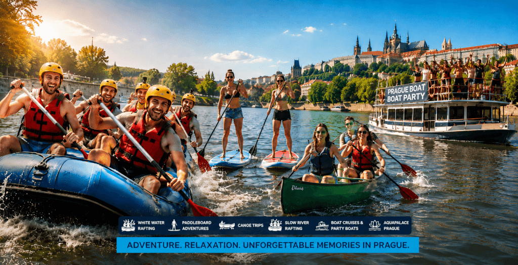 Prague water sports and river activities on the Vltava River with rafting, paddleboarding, canoe trips, boat cruises and Aquapalace Prague