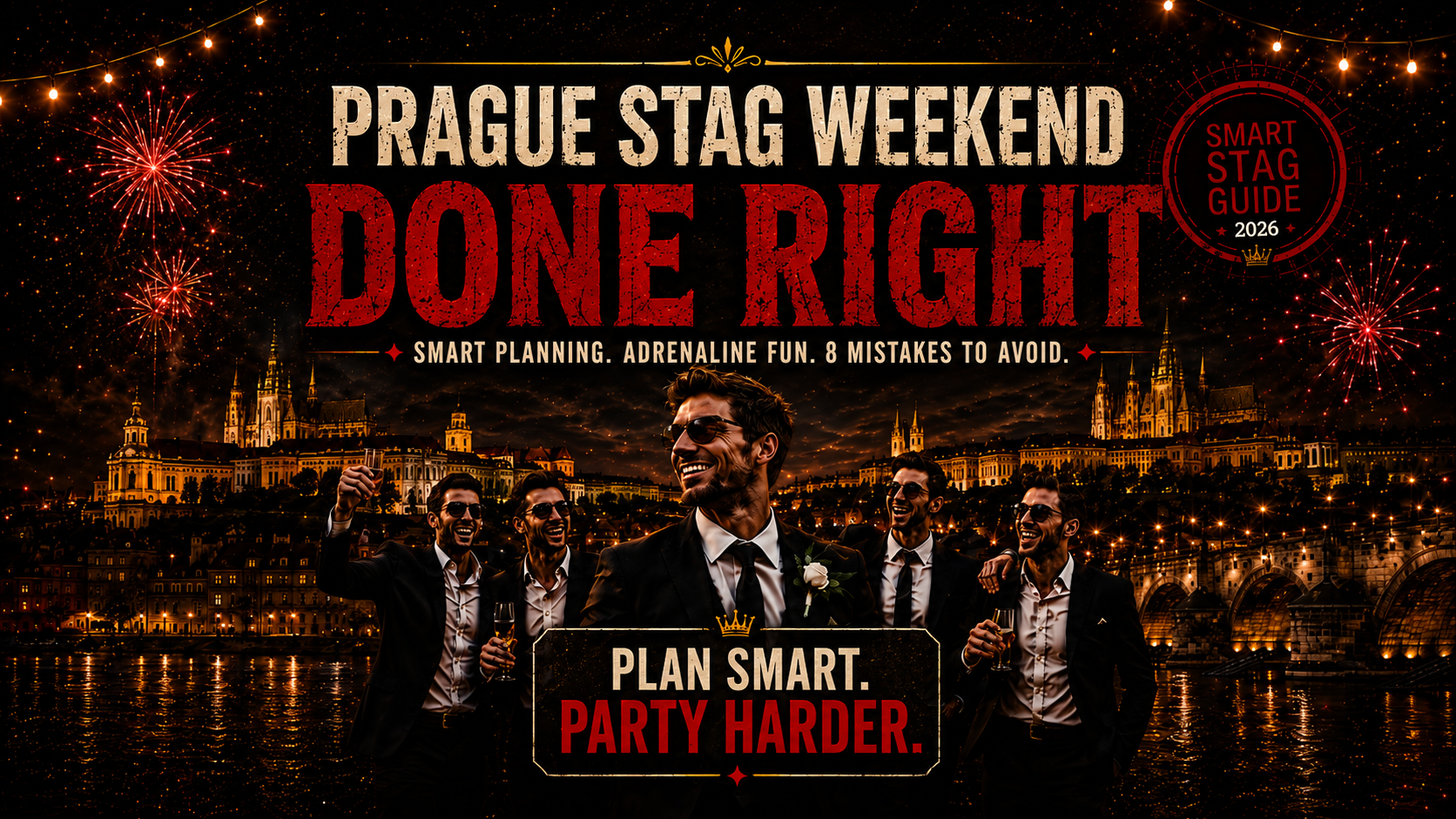 Prague Stag Weekend Done Right blog header with groom and friends celebrating in Prague, smart stag guide theme, fireworks and Prague Castle nightlife background
