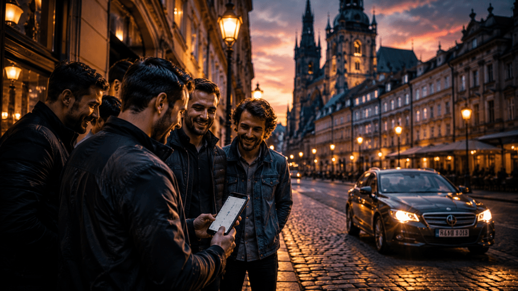 Stag group using taxi app in Prague city centre