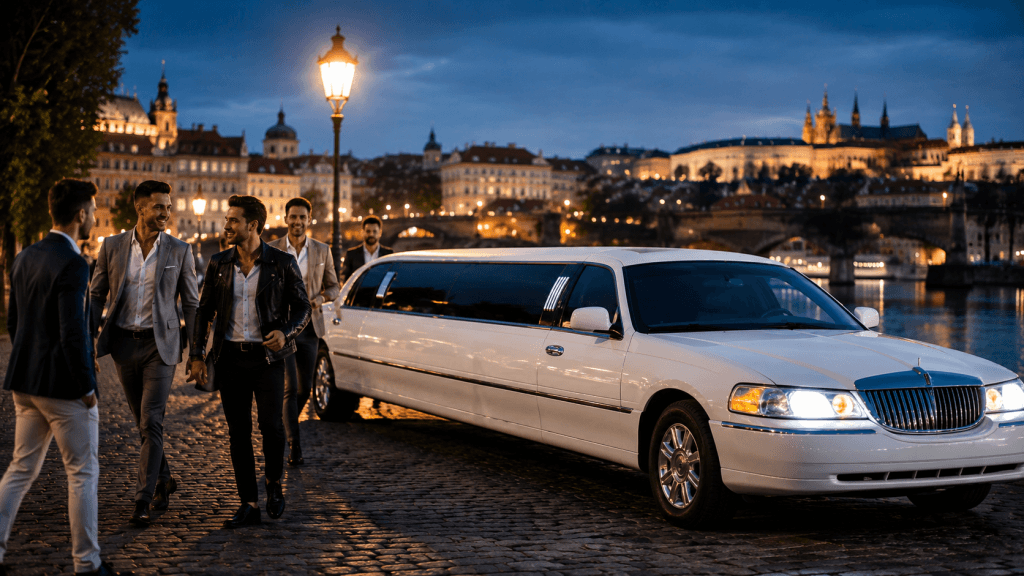 White limousine for VIP stag transport in Prague