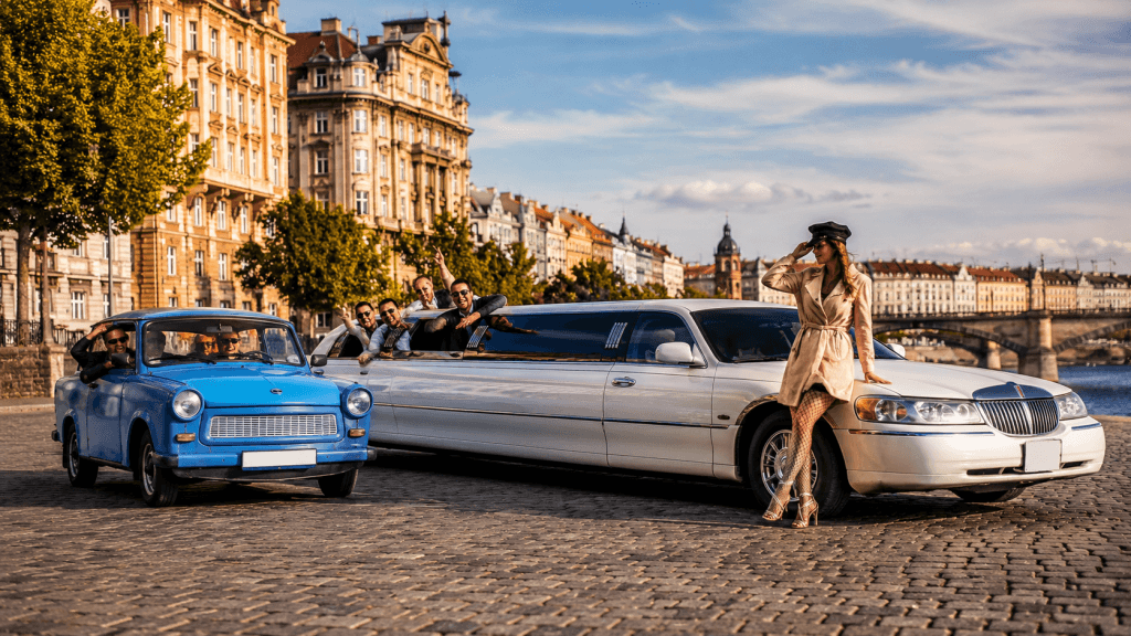 White limousine and blue Trabant for Prague stag party transport