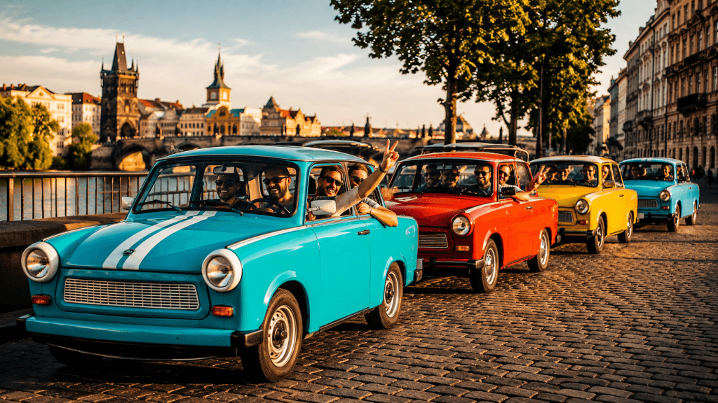 Colourful Trabant cars for independent sightseeing in Prague