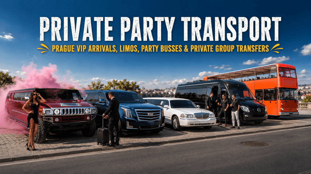 Private party transport in Prague with Hummer limousine, Cadillac limo, Lincoln limousine, beer bus and double decker party bus for stag groups and team building.