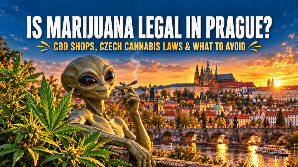 Article cover reading “Is Marijuana Legal in Prague?” above an alien holding a joint, cannabis leaves and Prague Castle at sunset.