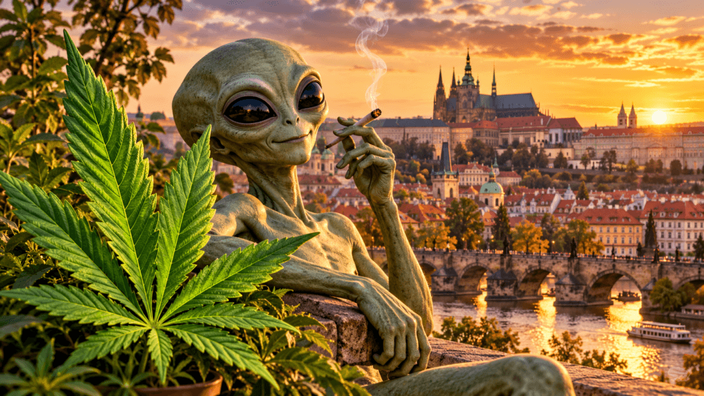 Illustration of an alien smoking a joint beside cannabis leaves, with Prague Castle and Charles Bridge at sunset.